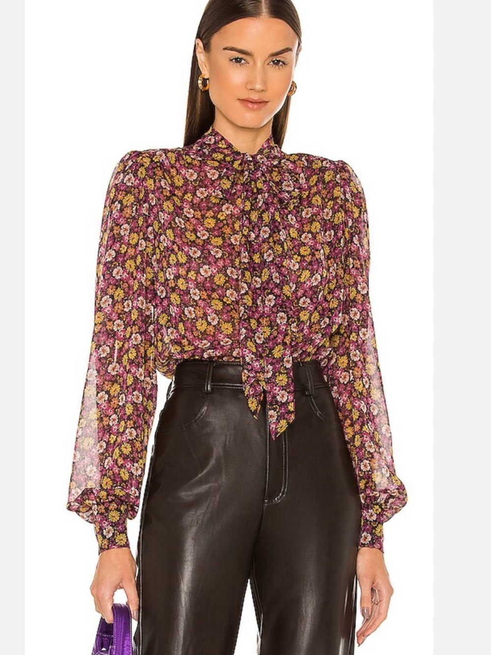 Ronny Kobo Demi Top: Floral Tie-Bow Sheer Blouse